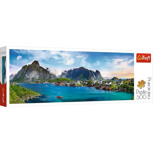 Trefl Panorama Archipiélago de Lofoten, Noruega Rompecabezas de 500 piezas, impresión roja de 26 x 9 pulgadas, rompecabezas de bricolaje, diversión creativa, rompecabezas clásico para adultos y niños