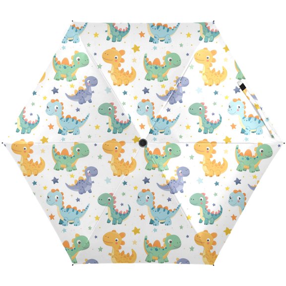 JSTEL Dinosaur Dino Cartoon Stars Folding Umbrella for Rain Sun Travel Mini Lightweight Compact Umbrellas