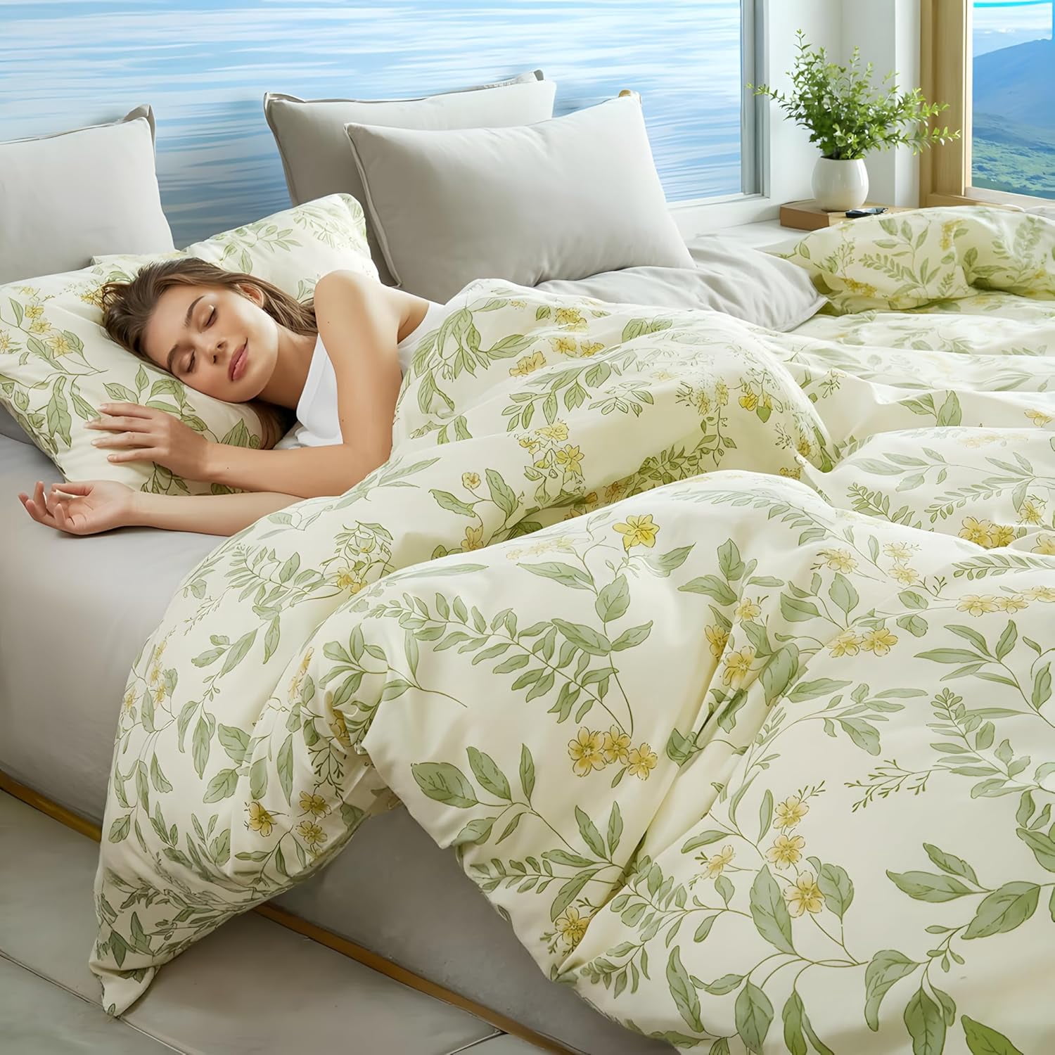 100% Nature Cotton Duvet Cover  - Vintage Reversible Green and Yellow Floral Garden Style Comforter Cover with Zipper Closure, 3 Pieces Soft & Breathable Green Bedding Set