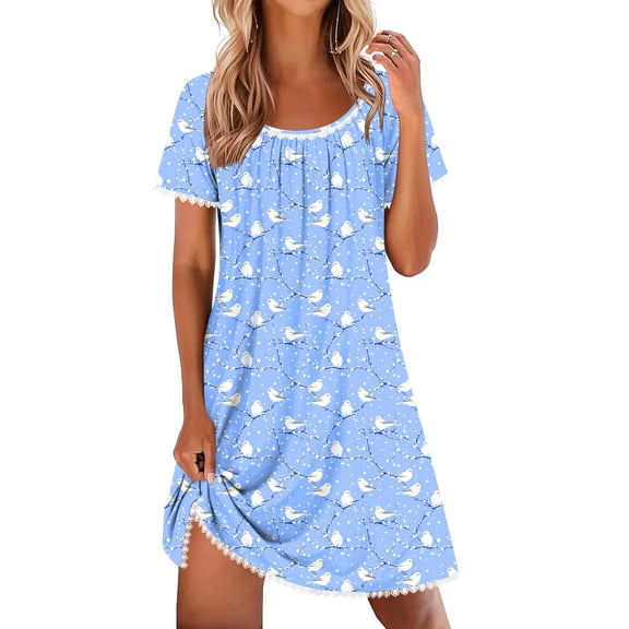 EKOUAER Cotton Nightgowns for Women Lace Trim Sleep Shirts Short Sleeve Night Shirts Sleep Dress with Pockets