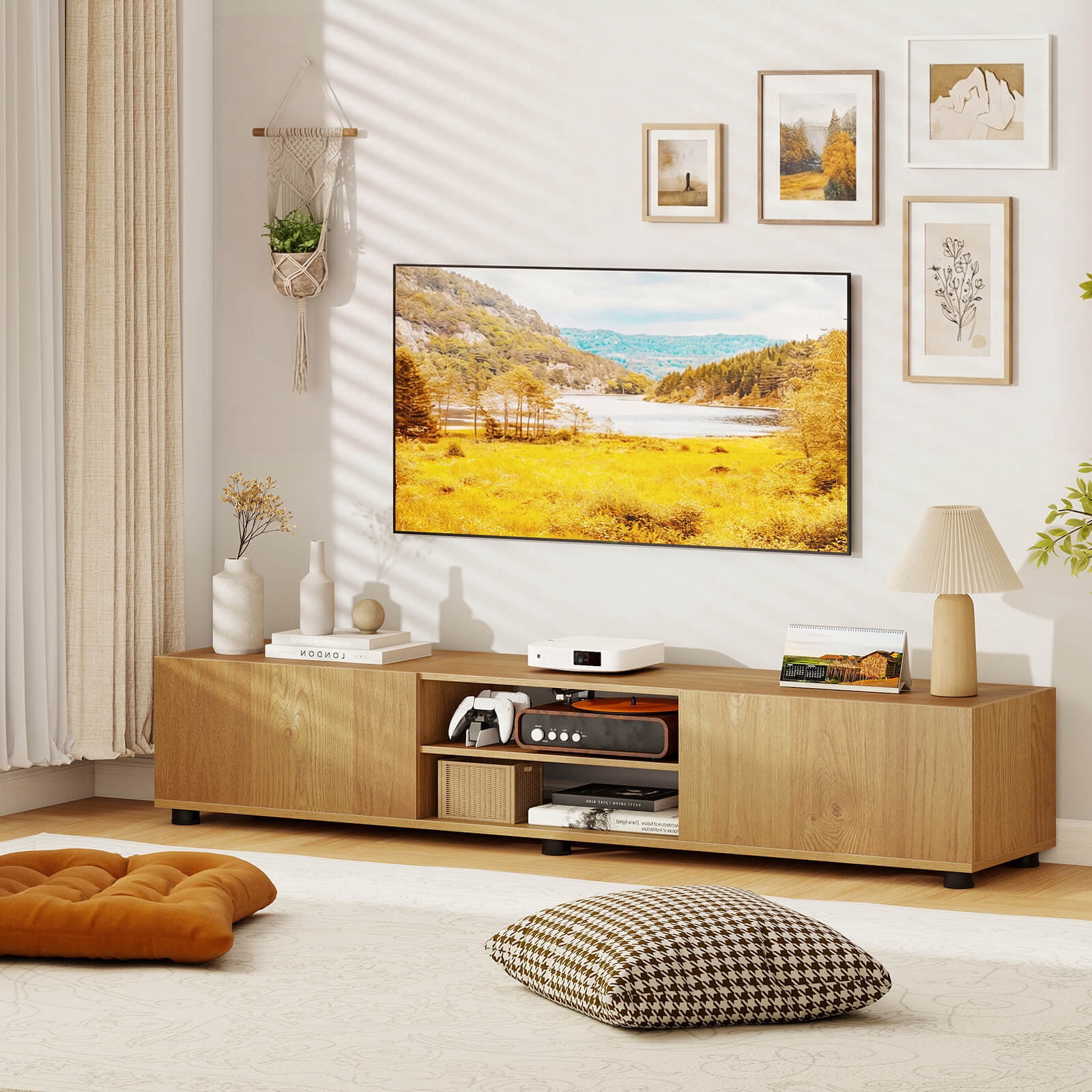 Costway TV Stand for up to 70” TVs, Media Console Table with Double Doors & Open Shelves Natural