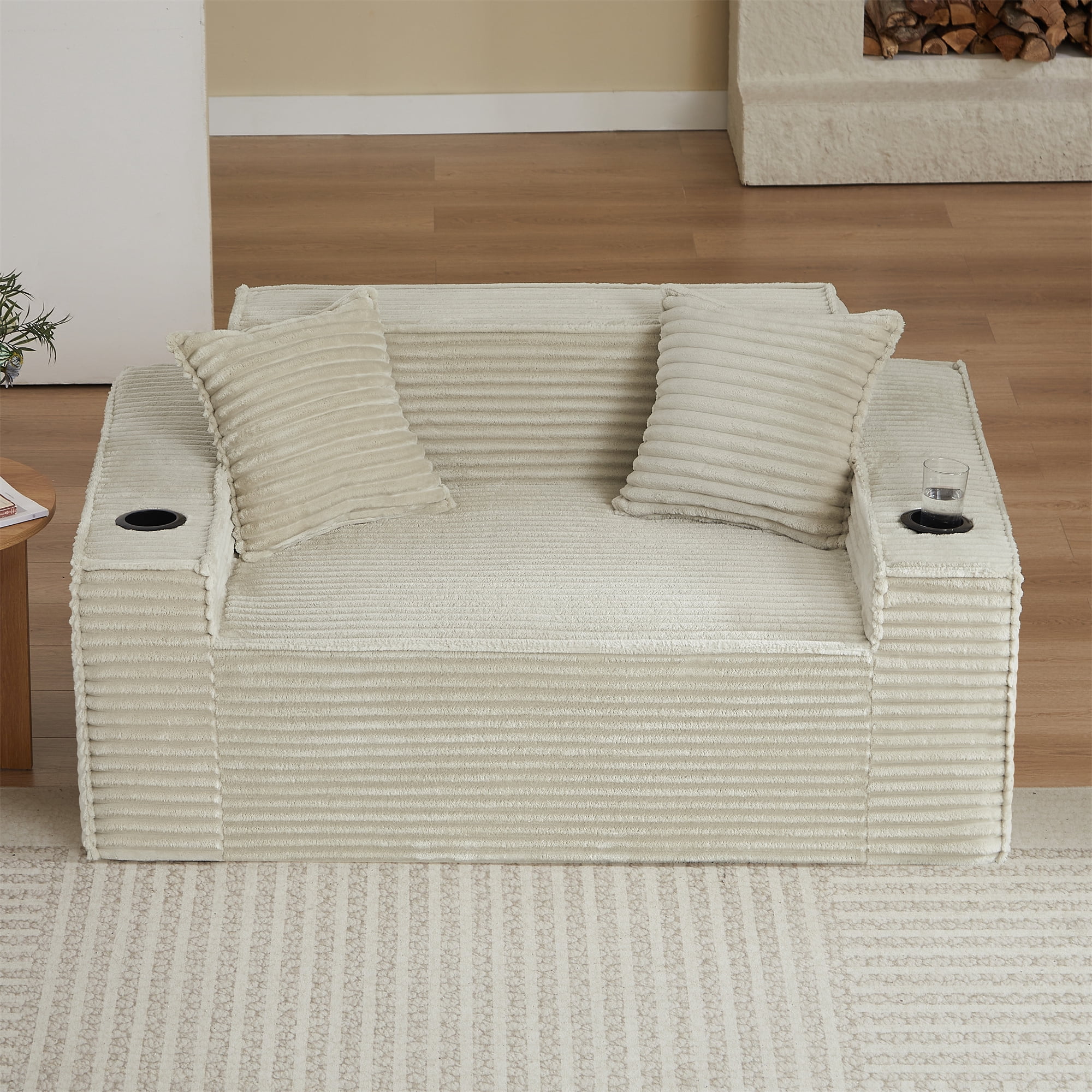 Aukfa 3 Piece Boneless Couch Set, Small Loveseat Cloud Sofa for Living Room, 2 Cup Holders&Storage Pockets, Corduroy, Camel