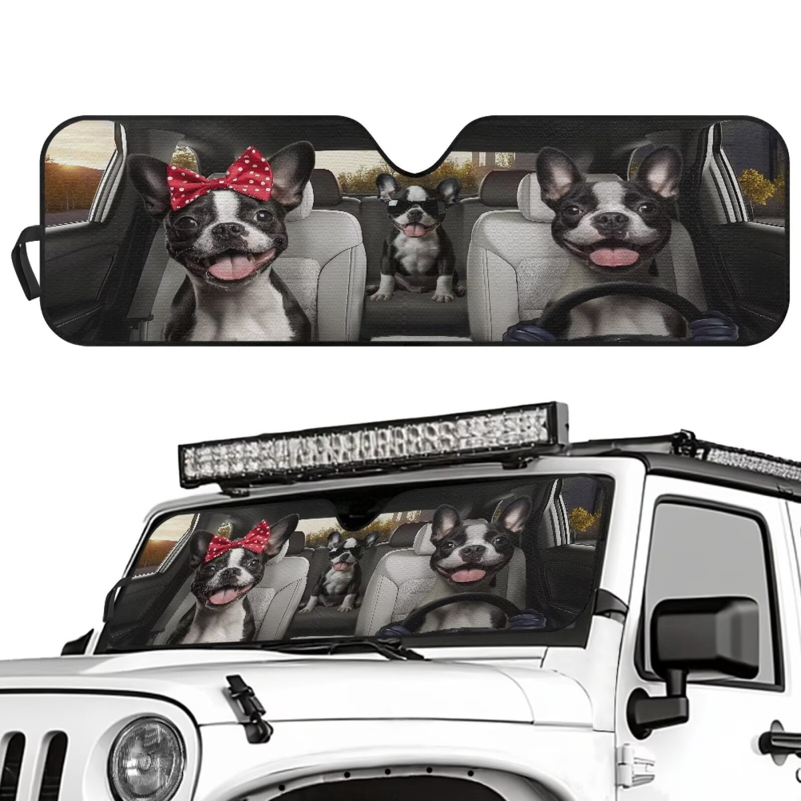 XYZCANDO Bulldog Windshield Sun Shade Compatible with Jeep Wrangler TJ JK JL & Gladiator JT Foldable Windshield Sunshade Sun Visor Blocks UV Rays Keep Your Vehicle Cool