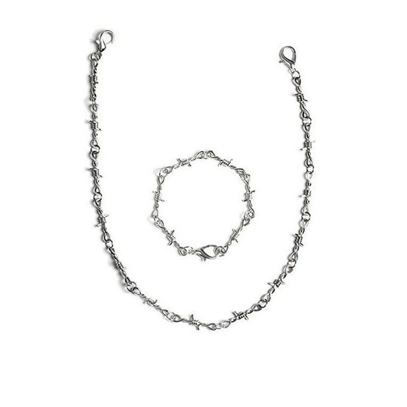 Punk Gothic Thorns Metal Silver Barbed Wire Necklace Bracelet Set, Unisex