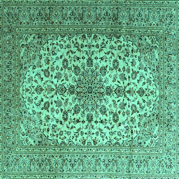 Ahgly Company Machine Washable Indoor Square Medallion Turquoise Blue Traditional Area Rugs, 7' Square
