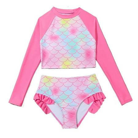 Youmylove Girls Bikini Swimwear Girls  Swimsuit Long Sleeve Two Piece Bow Knot Swimwear Rash Guard Ruffle Rare Hem Cuffs Beach Sport Bathing Suit