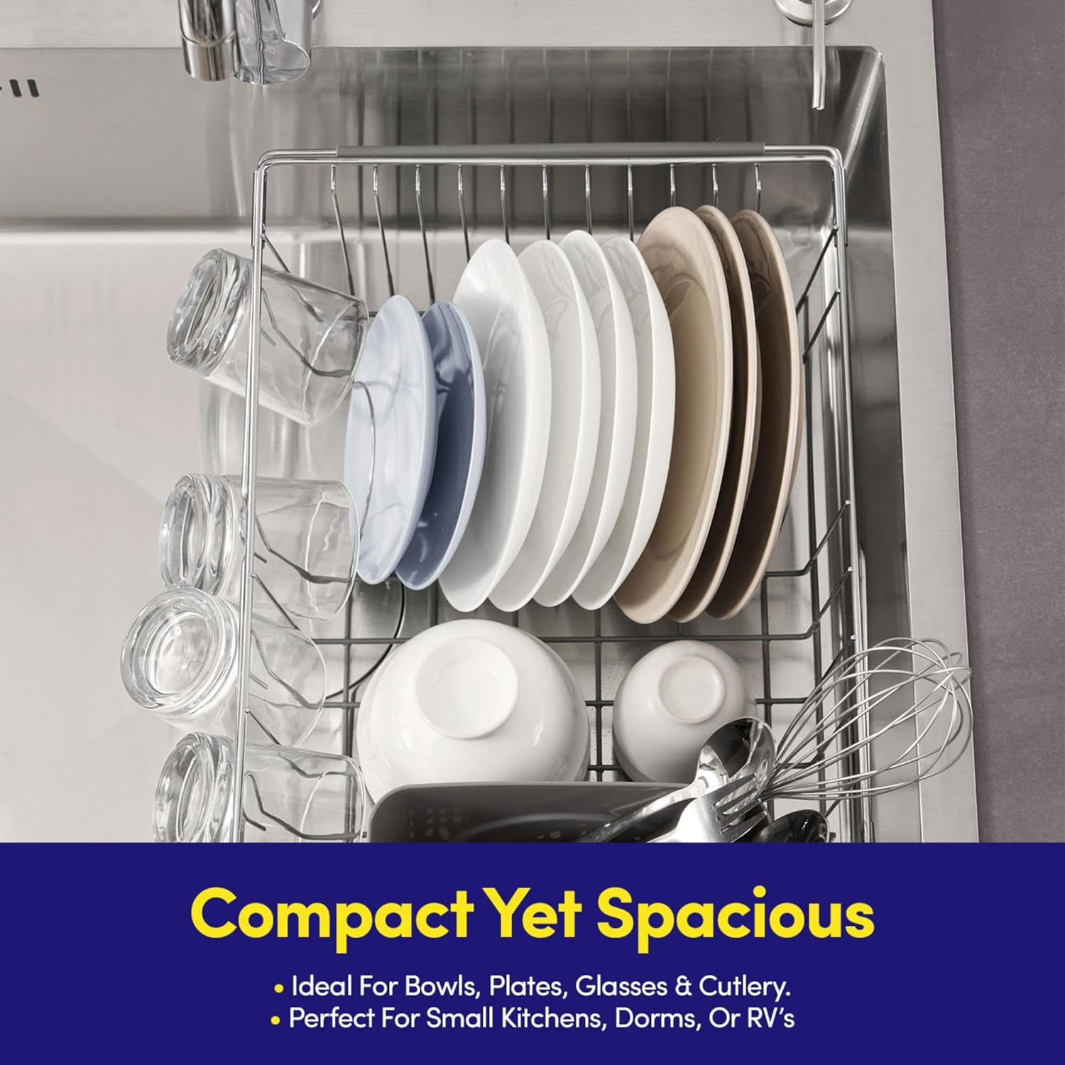 Dish Drying Rack Over The Sink Expandable to 24.5" Dish Drainer — Space-Saving Rectangular Kitchen Extending Drying Station with Utensil Holder, Fits Most Sinks for Easy Dish Organization, Gray