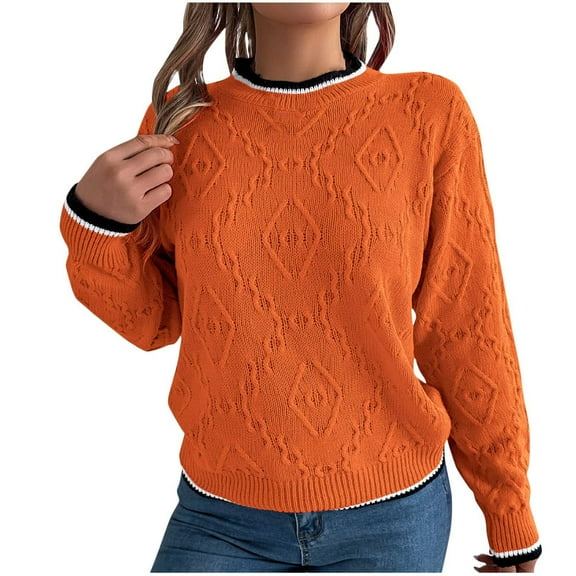 JYnXIANTI Sweaters for Women Casual Loose Textured Winter Warm Pullover Fashion Soft Crew Neck Color Block Knit Tops