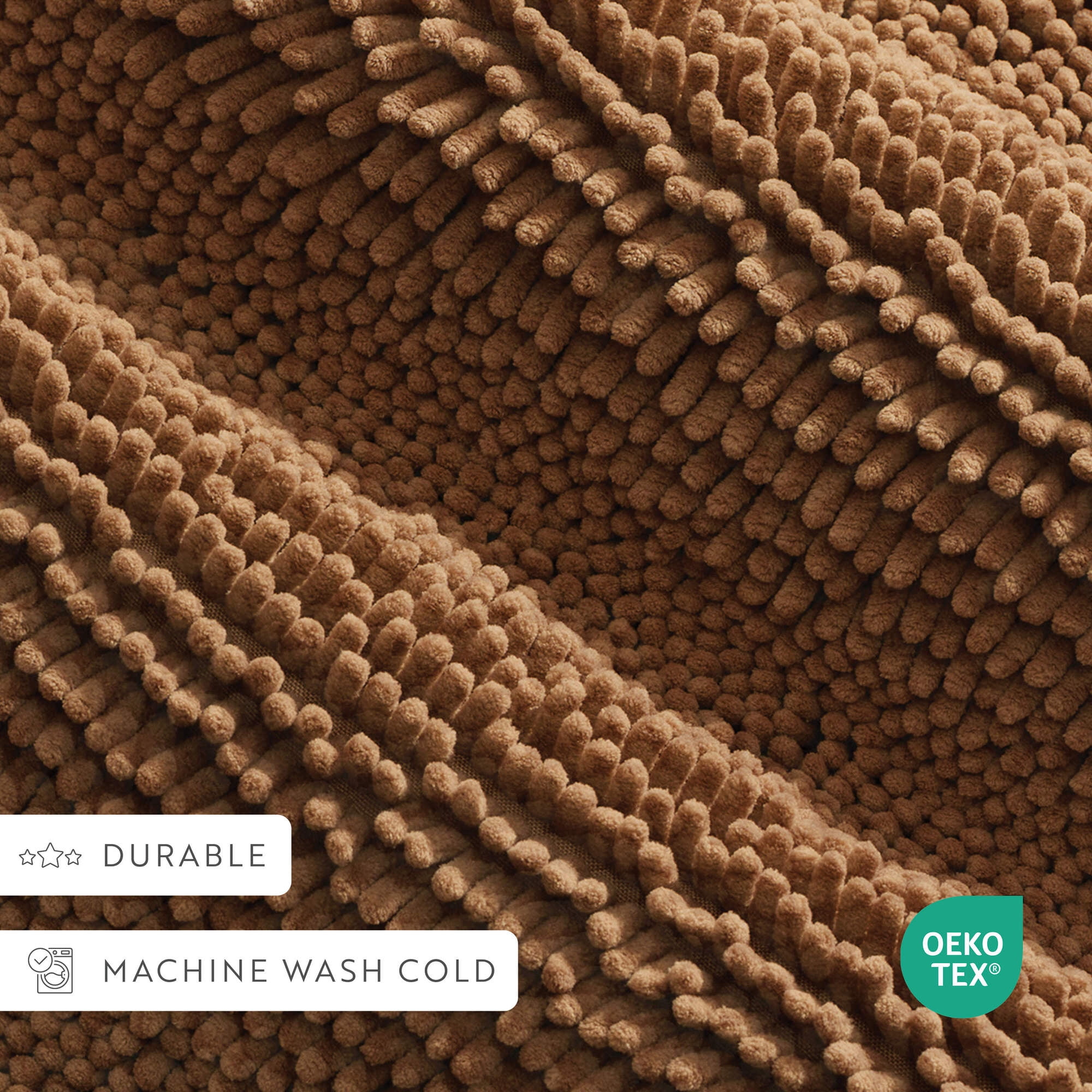 Soft Absorbent Chenille Bath Mat Rug with Anti-Skid Rubber Backing, 24 x 17, Mocha, by Noble Linens