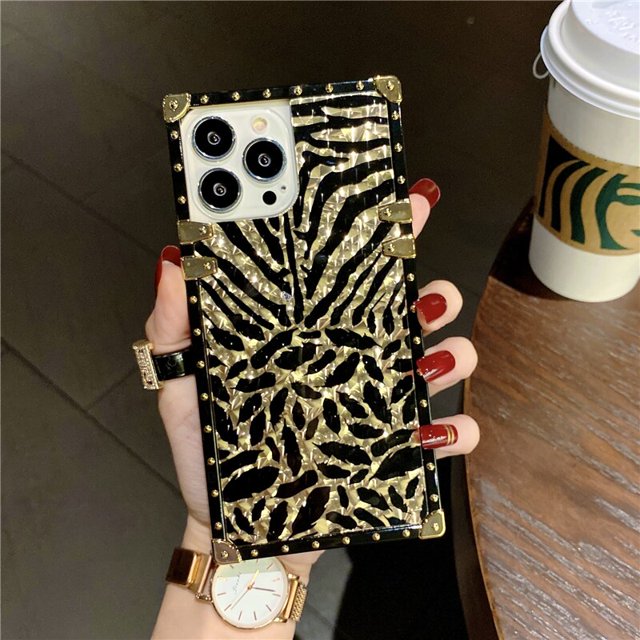 Funda de metal cuadrada con soporte de anillo de diamante de plumas de leopardo de lujo a prueba de golpes para iphone 14Pro Max 12 11 13Pro Xs xr 7 8plus X Se Fivean unisex