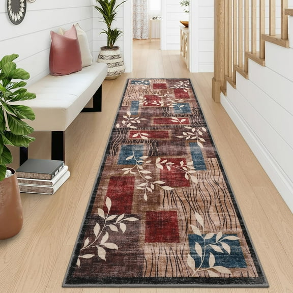 Haperlare Contemporary Leaf Runner Rugs Machine Washable Non Slip Soft Runner Rugs for Hallway Entryway Abstract Laundry Runner Rug,2'x6',Red