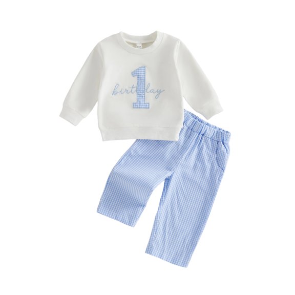 RUINIXCW Baby Boy 1st Birthday Outfits Number Letter Embroidery Crew Neck Long Sleeve Sweatshirt and Plaid Pants 2 Piece Set