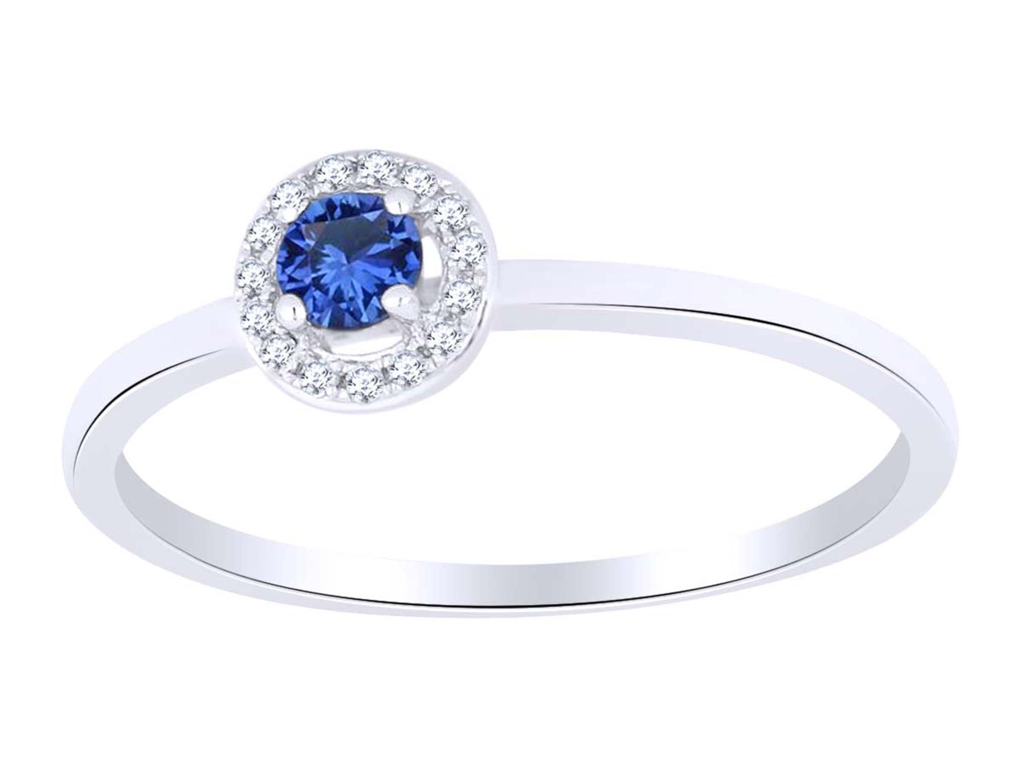 Simulated Blue Sapphire & White Natural Diamond Halo Promise Ring In