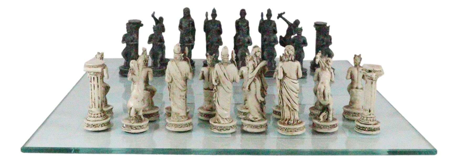 Ebros Olympus At War Greek Olympian Deities Resin Chess Pieces W/Glass Board Set