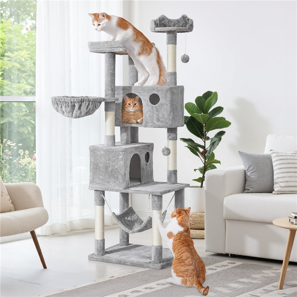 Yaheetech 73in Multilevel Large Cat Tree with Condos & Basket & Hammock, Light Gray