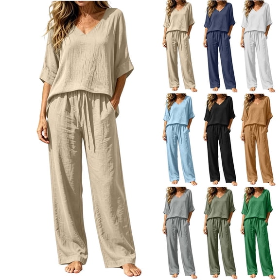 Zynoxe Linen Sets for Women Two Piece Summer Ruched V-neck Top Wide Leg Pants with Pockets Fashion Lounge Vacation Beach OutfitsBeigeS