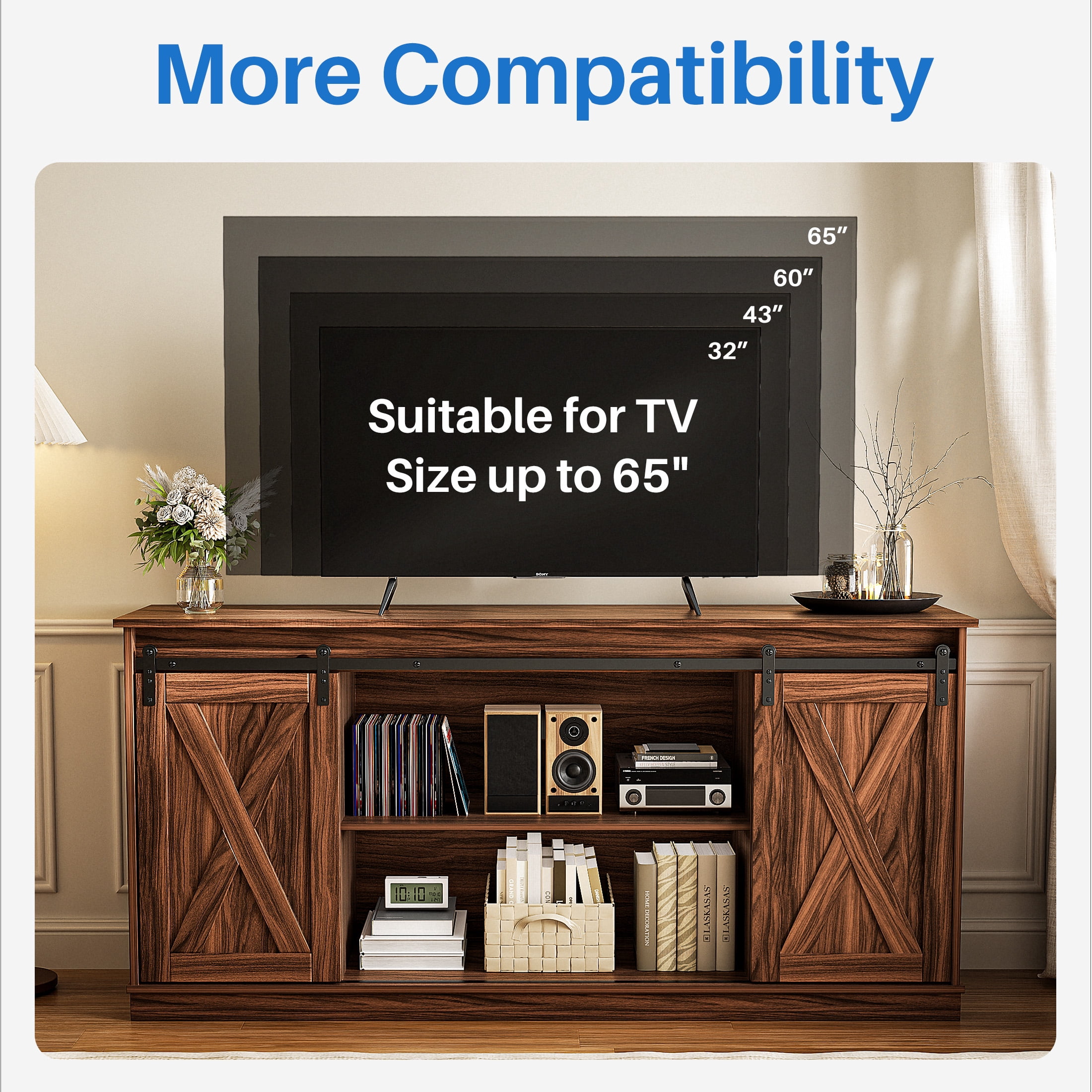 EDX TV Stand for 65" TV, Modern Entertainment Center for Living Room, TV Console Table with Storage Cabnets and Sliding Barn Doors, Rustic Brown