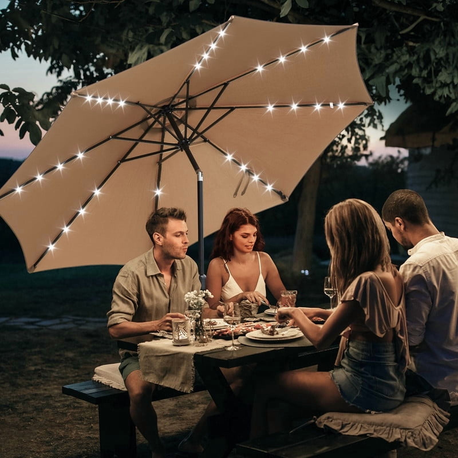 Gianna 10ft Solar Polyester 32 LED Lighted Patio Umbrella with Tilt Adjustment and UV-Resistant Fabric,Khaki-1