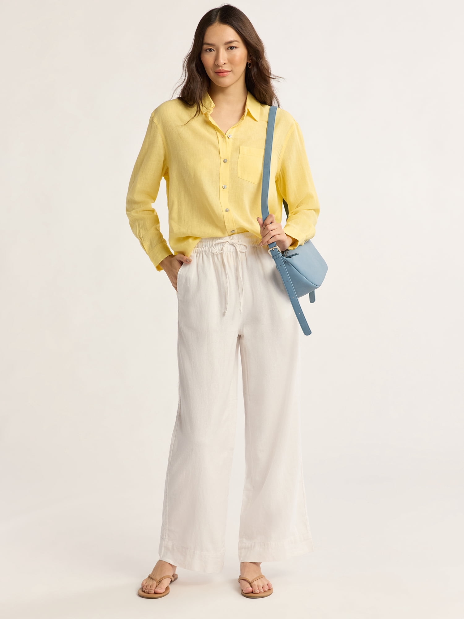 Time and Tru Women's and Women's Plus Wide Leg Linen Blend Pants, 29" Inseam, Sizes XS-4X