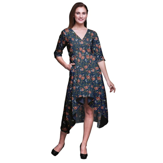 Bimba Cotton Blue Leaves & Camellia Kanjiro Floral Womens Asymmetrical Pocket Shift Dress Summer Party Midi Dress-Large