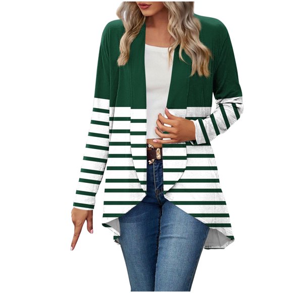 Cardigans pour Femmes, Hauts d'Automne Tendance à Rayures, Chemises Ouvertes à l'Avant, Chic Décontracté, Blouses à Manches Longues, Manteau d'Extérieur, Vert Armée, 2TG