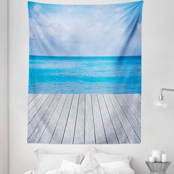Rustic Tapestry, Wooden Pier and Ocean Open Horizon Nautical Scenery Marine Love Beach Coast, Fabric Wall Hanging Decor for Bedroom Living Room Dorm, 5 Sizes, Sky Blue Pale Grey, by Ambesonne
