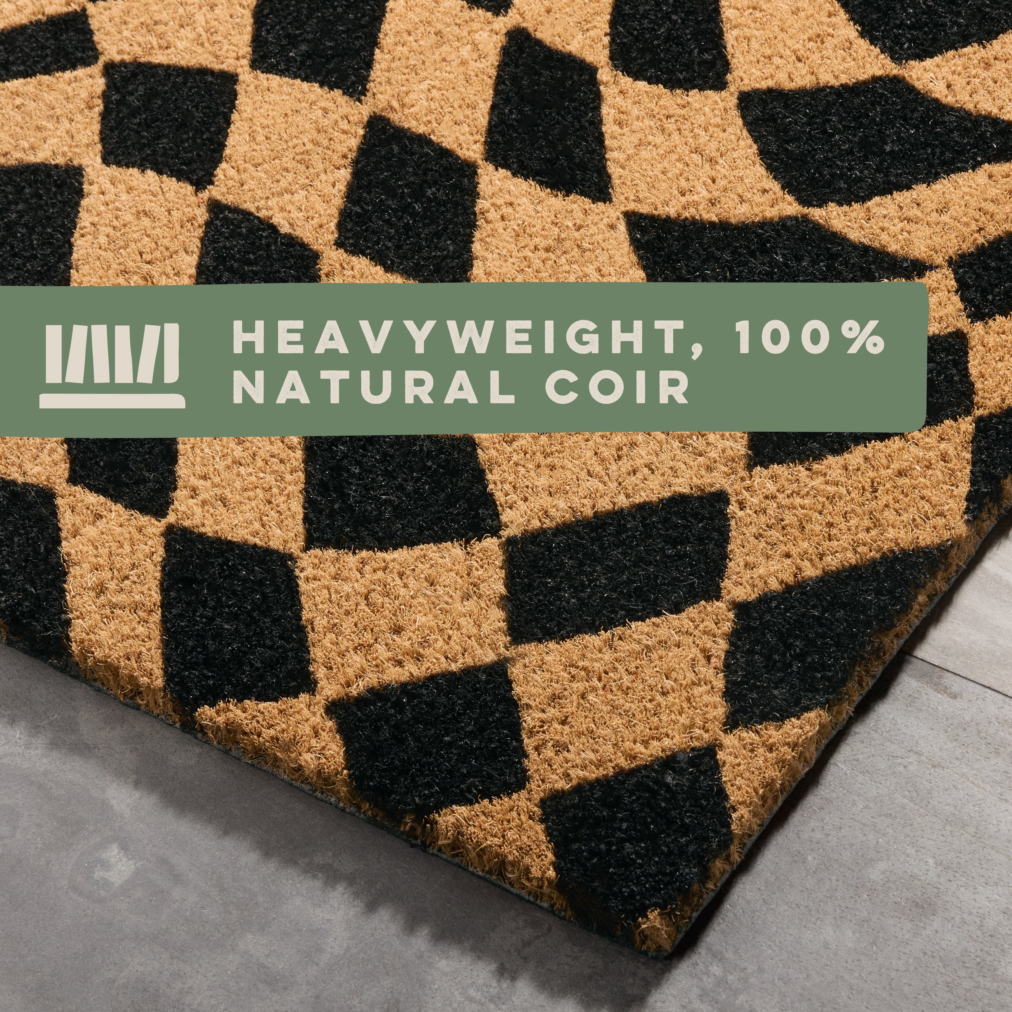 TOWN & COUNTRY TERRA Emmett Groovy Checkerboard Outdoor Door Mat, Natural Coir, Heavyweight, Non-Slip Entryway Mat, Black, 24"x36"