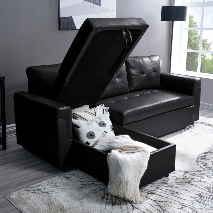 78 in. W Convertible Sleeper Sectional Sofa, L Shaped Couch for Small Space Living Room, Storage Chaise, L Shaped Pull Out Sofa - Black,Air Leather