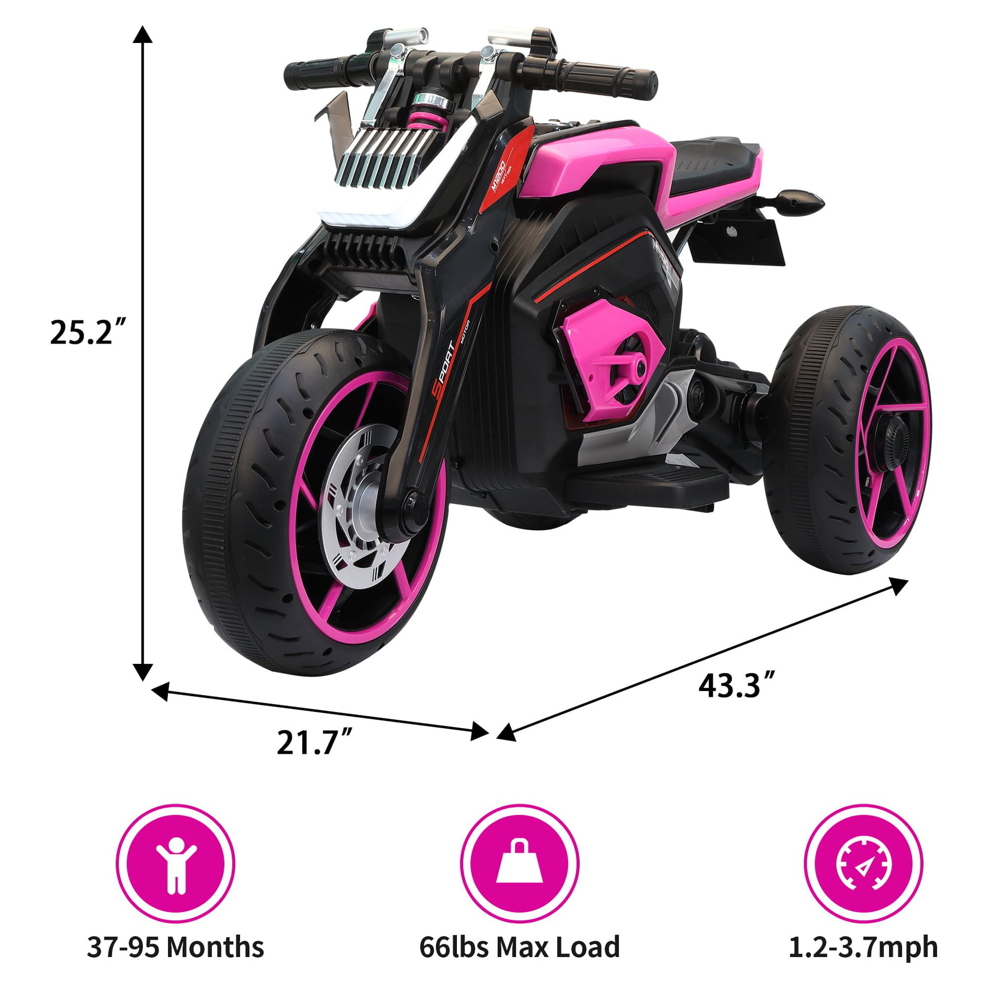 TOBBI 12V Kids Ride on Motorcycle Battery Powered Electric 3 Wheels Trike Motorcycle W/ Lights, Rose Red