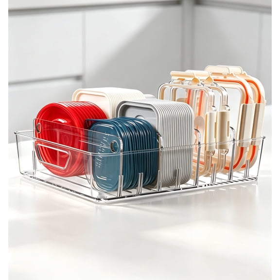 VOZOGO Kitchen Cabinet Organizer for Food Contanier Lid, Clear Plastic Lid Holder with Adjustable Dividers for Pantry Organizers and Storage, Lid Storage Organizer for Home,clear（1 pack）