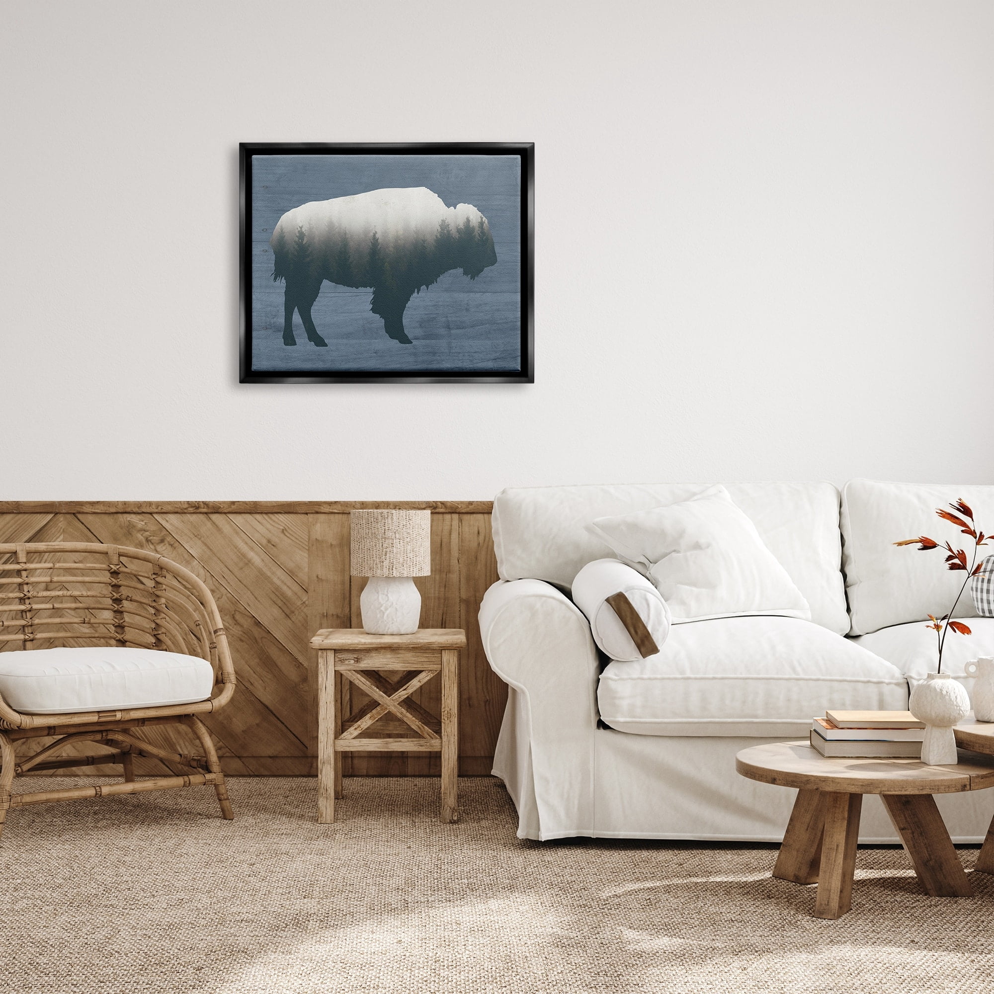 Stupell Industries Rustic Bison Shape Silhouette Forest Trees Pattern Graphic Art Jet Black Floating Framed Canvas Print Wall Art, Design by Lettered and Lined