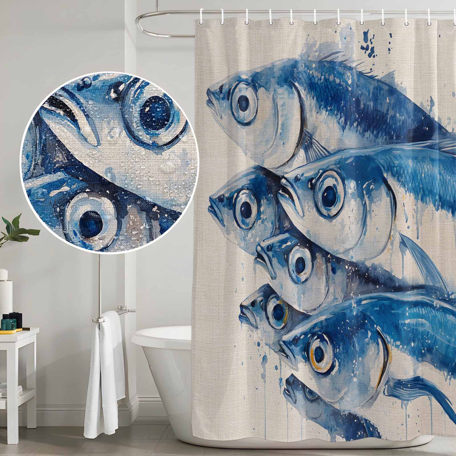 Shower Curtain Bathroom Set Watercolor Underwater Fish on Vintage Linen Waterproof Fabric Shower Curtains with Grommets&Hooks, Coastal Ocean Life Privacy Bath Curtain for Bathtub 72x72in