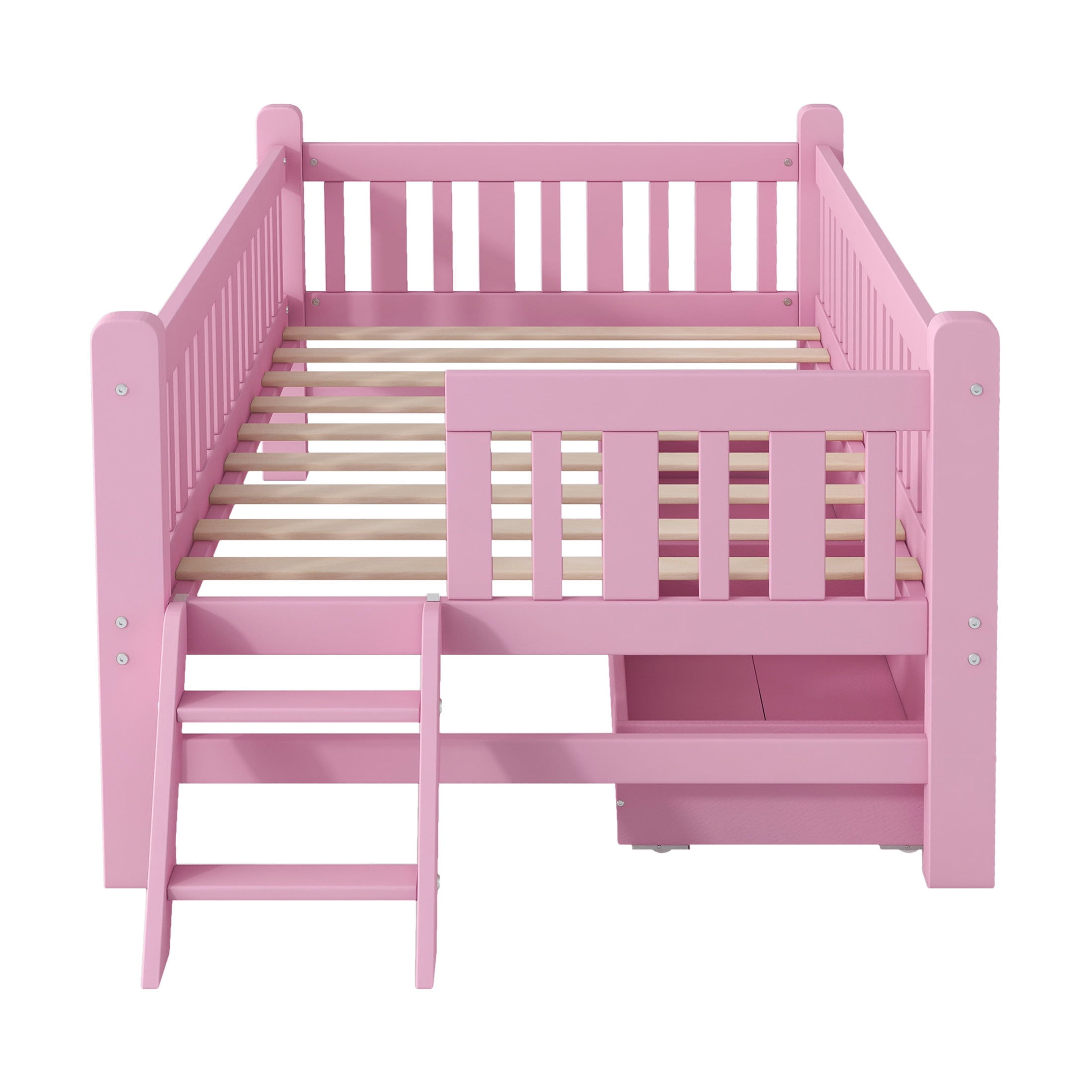 Noble House Wood Twin Platform Bed, Semi-Enclosed Fence Guardrail Bed with Storage Drawers, Solid Pine Wood, Pink