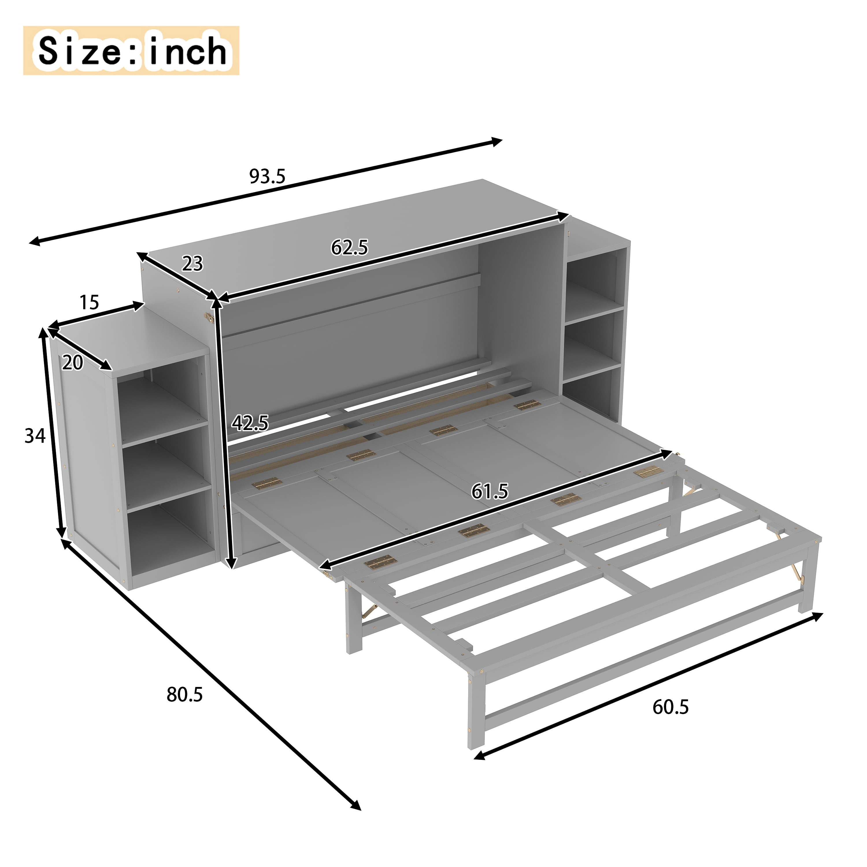 Mintazer Queen Size Murphy Bed with 6 Side Shelves & 2 Drawers, Modern Foldable Cabinet Bed for Bedroom Apartment Guest Room, Gray