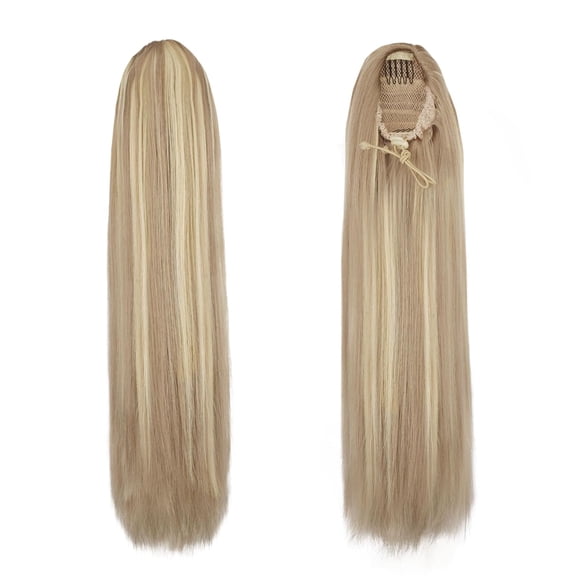 WEIF-Short Straight Ponytail Extension - 16 Inch Drawstring Blonde Ponytail Hair Extensions for Women - Synthetic Fake Pony Tails Hairpieces Clip in Ponytails Daily - Light Ash Blonde Mixed