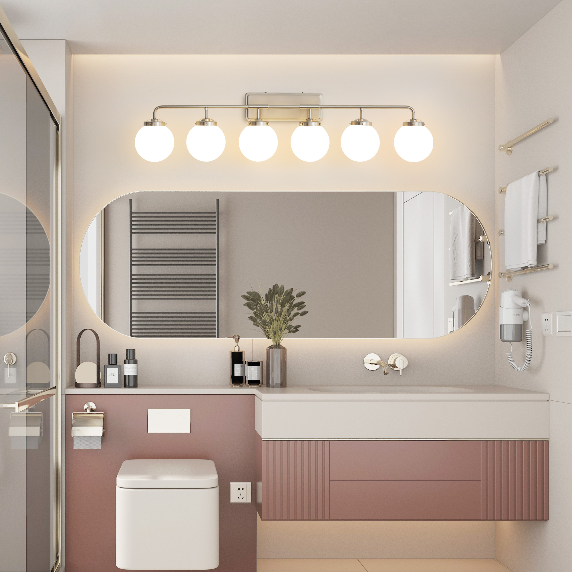 Deyidn 6-Light Modern Vanity Light, Nickel Bathroom Light Fixture with Milk White Glass Globes, 45 Inch Bathroom Wall Sconce for Mirror
