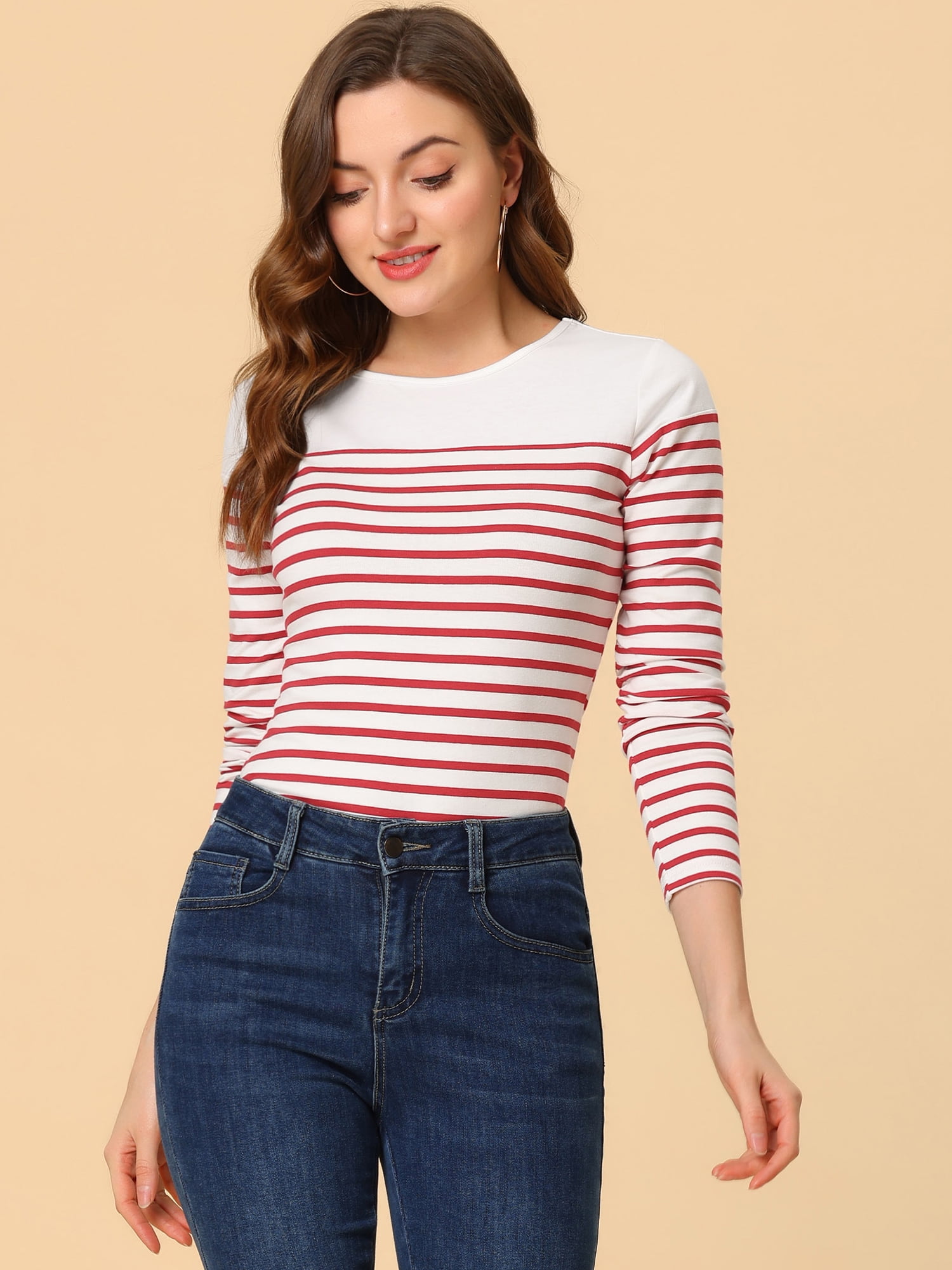 DARING DIVA Women's Color Block Striped Knit Top Long Sleeves T-Shirt M White Red