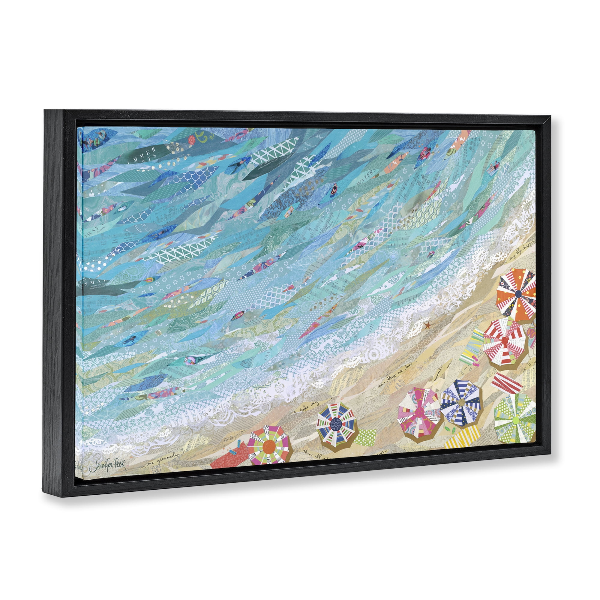 Stupell Industries Collaged Aerial Beach View Coastal Painting Black Floater Framed Canvas Art Print Wall Art, 25 x 17