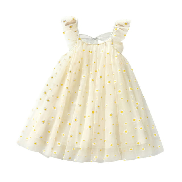 LUOGENLI Robe Tout-Petit Enfants Fête Filles Été Sans Manches Robe à Imprimé Floral Robe Décontractée pour Filles Robe Maxi pour Filles Beige 5-6 Ans