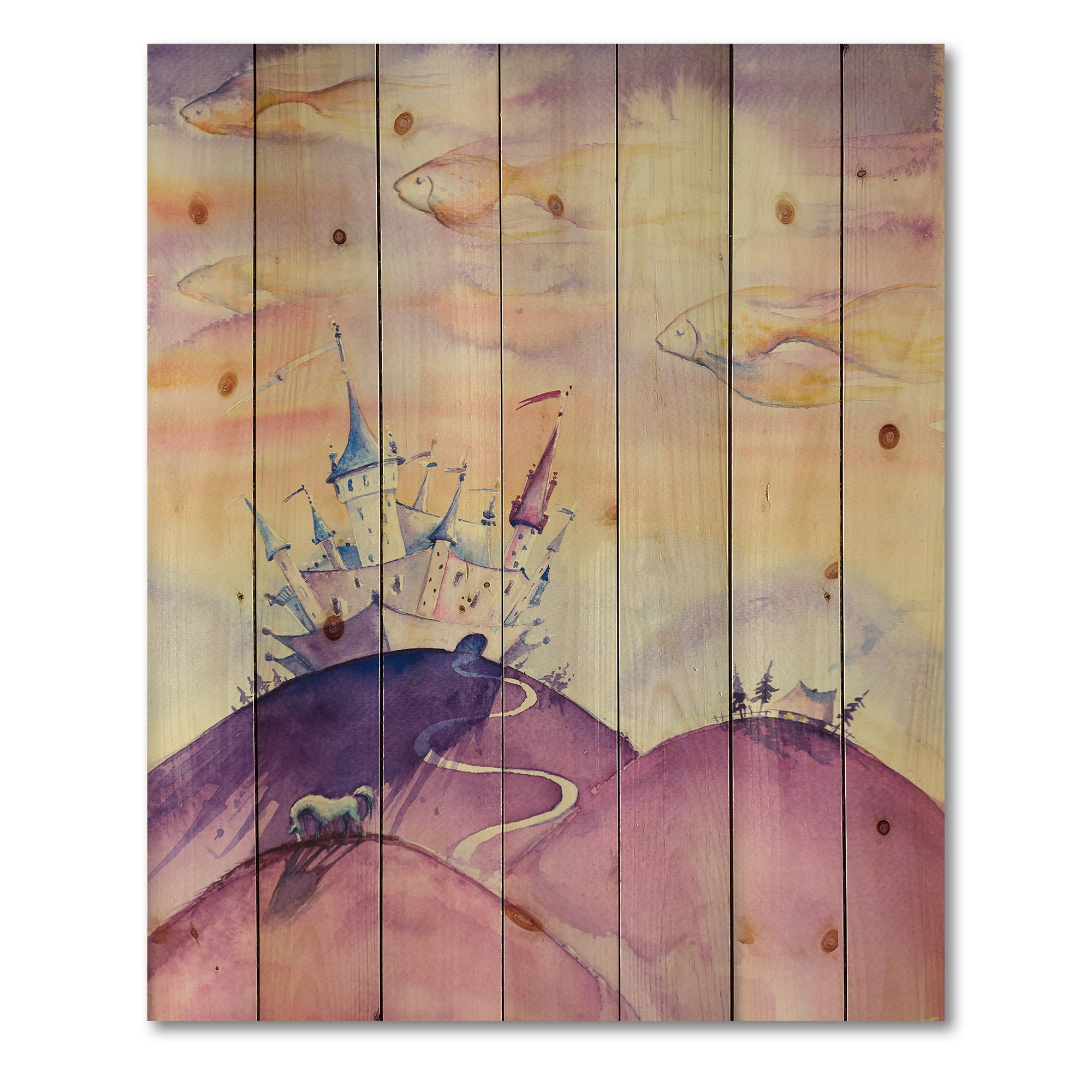 Designart 'Fairy Tale Kingdom Palace On Purple Mountain Top' Children's Art Print on Natural Pine Wood