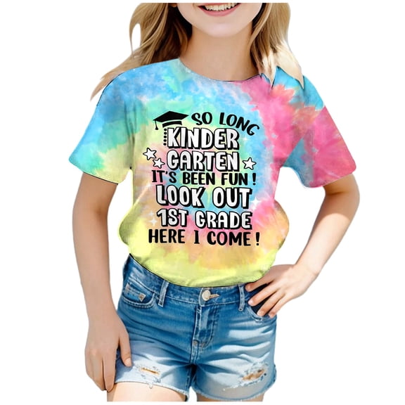 Rggeeun Child Girls Blouses Cute Tie-Dye Colorful Letter Print Kids Graduation Theme Short Sleeve Crew Neck Smooth Lightweight for Summer Beach Lounging Trendy Tops,Blue,4-5 Years
