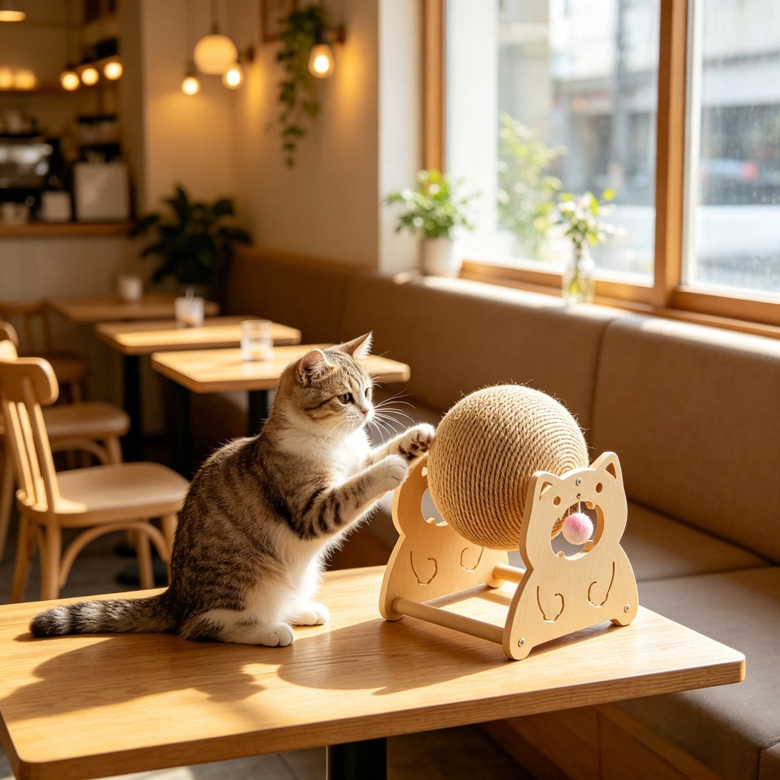 Wooden Cat Toy Cat Scratcher Ball with Natural Sisal Interactive Spinning Scratching Toy with Hanging Ball for Indoor Cats to Relieve Boredom Protect Furniture
