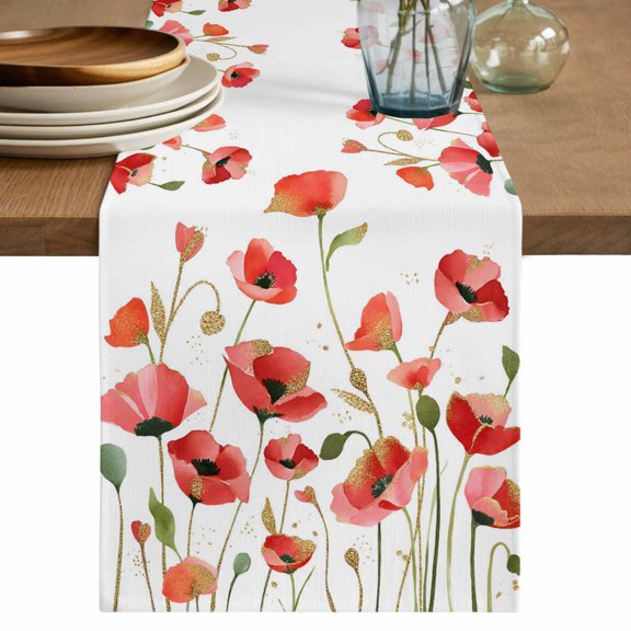 Red Poppy Table Runner 90 Inches, Spring Summer Flowers Botanical Watercolor Bed Runner Dresser Scarves Tabletop for Indoor Outdoor Parties/Ceremony/Banquet, 13" x 90"