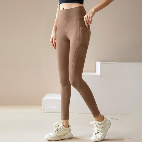 Ovbmpzd Women's Yoga Tights Opaque Tummy Control Beige Pantyhose Pockets Butt Lifting Workout Leggings Tights for Women