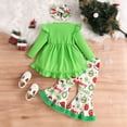 thumbnail image 2 of Conjunto de 3 piezas de camiseta con estampado navideño de vellón + pantalones acampanados de felpa + gorro para niñas pequeñas, ropa para fiesta de Año Nuevo de Papá Noel, 2 of 5
