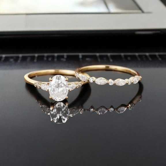 Silver & Stone Jewels Oval Cut CZ Women's Bridal Ring Set 14K Yellow Gold Finish