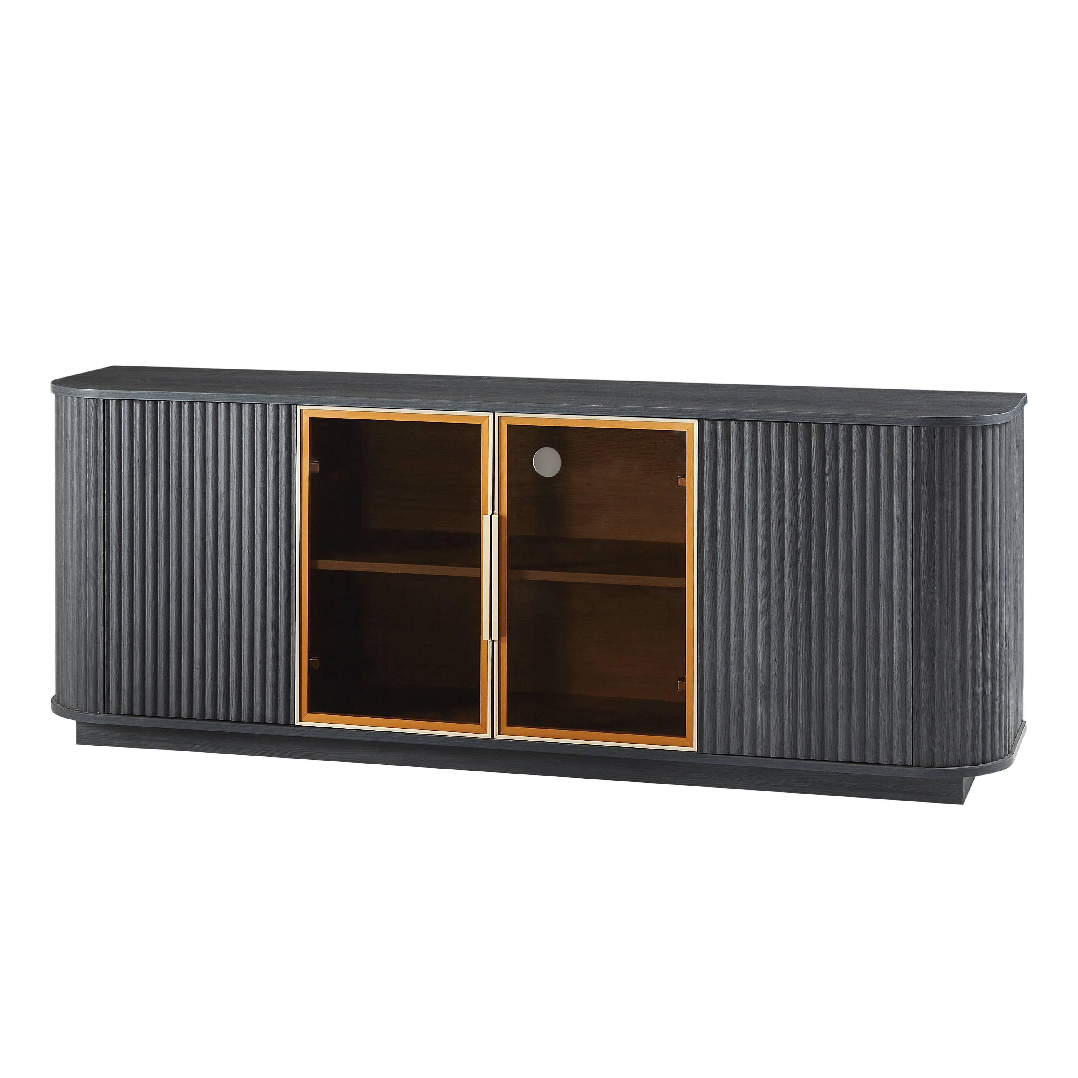 64 Inch Wavy TV Cabinet and Sideboard with Aluminum Framed Tempered Glass Doors, Wood Vertical Stripe Storage Cabinet with LED Lights for Living Room, Black