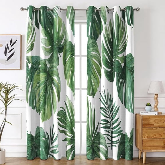 Monstera Curtains for Living Room, Green Leaf Blackout Curtains, Tropical Plant Bedroom Decor, Thermal Insulated Grommet Drapes 53"W x 96"L (Pack of 2)