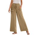 thumbnail image 1 of Pantalones casuales de pierna recta para mujer: bolsillos laterales, mezcla de lino, para todas las estaciones, vacaciones/uso diario, cintura elástica, fácil cuidado., 1 of 6
