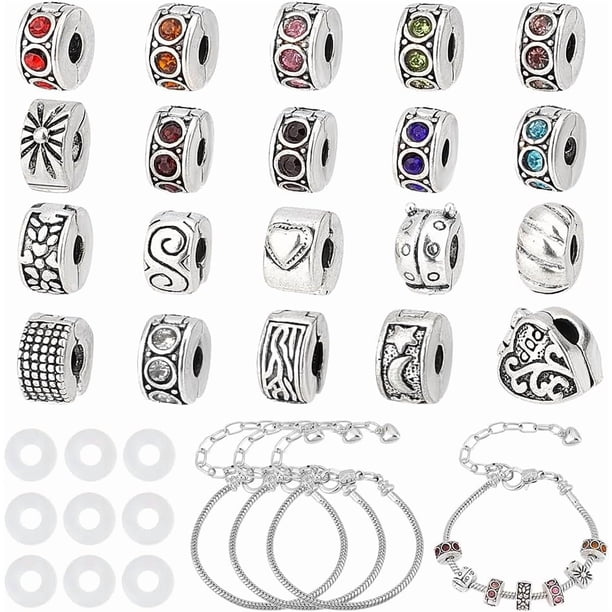 4 pulseras con 20 cuentas con cierre de clip, espaciadores de pulsera, cuentas europeas de gran agujero, 20 tapones de goma de silicona.
